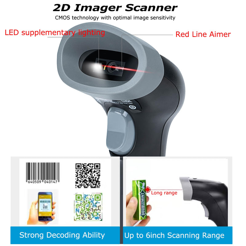 TEEMI 2D USB Barcode Scanner with Stand, 1D/QR Code Reader for Inventory, Handsfree Scanning Gun for Warehouse, Library, Supermarket – Supports Virtual COM Port Stand Included