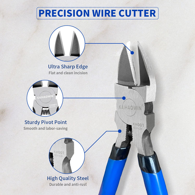 [Australia - AusPower] - Wire Cutters 2 Pack, 6.5 inch,KAIHAOWIN Flush Cutters Diagonal Cutters Side Cutters Precision Ultra Sharp Spring Loaded Wire Snips Clippers Dikes Cutting Pliers Small for Crafting Jewelry Making,Blue 6"x2 PCS 