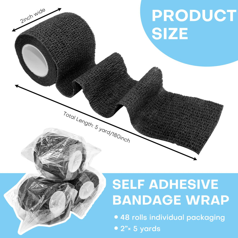 48 Pack 2” x 5 Yards Self Adhesive Bandage Wrap, Elastic Breathable Cohesive Bandage Wrap Athletic Stretch Tape for Wrist Ankle Sports (Black) 2 Inch-48 Pack Black
