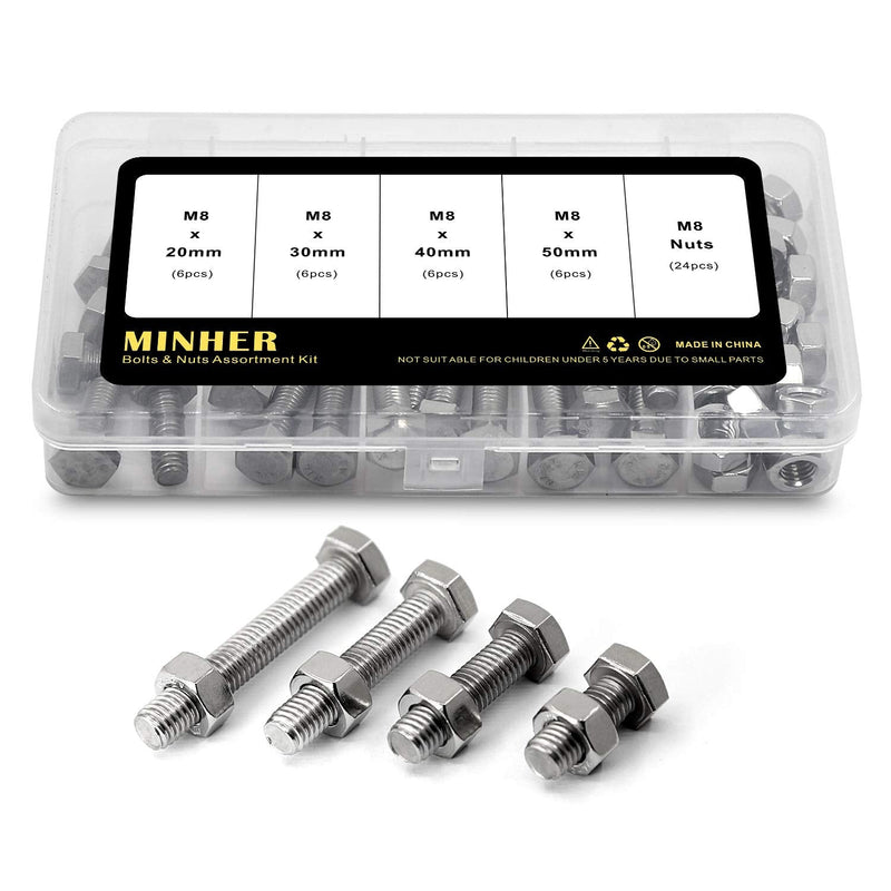 [Australia - AusPower] - M8 Hex Head Screws Bolts and Nuts Set, 304 Stainless Steel 18-8, Full Thread, Bright Finish, Machine Thread (20mm 30mm 40mm 50mm) M8 