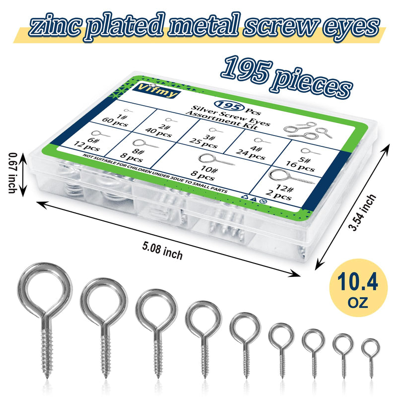 [Australia - AusPower] - Screw Eyes Assortment Kit(195Pcs),0.75" 0.78" 0.90" 1" 1.1" 1.18" 1.39" 1.57" 1.75" Zinc Plated Eyelet Screws,Metal Small Tapping Screw Hooks Ring,Silver Silver 