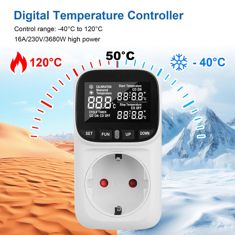 [Australia - AusPower] - Digital Temperature Controller Socket 230 V with Sensor Temperature Controller Digital Thermostat Socket Temperature Monitor with Heating and Cooling Mode for Greenhouse, Fridge, Terrarium 