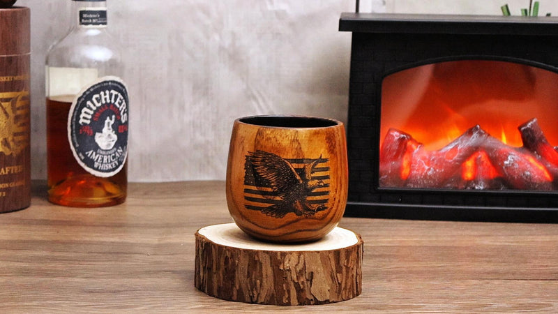 Original Charred Wooden Bourbon Drinking Glass, 11oz Handcrafted Engraved Wood Glass for Men | Unique Unbreakable Whiskey Glass for Dad, Brother, Husband Engrave-2 Pack