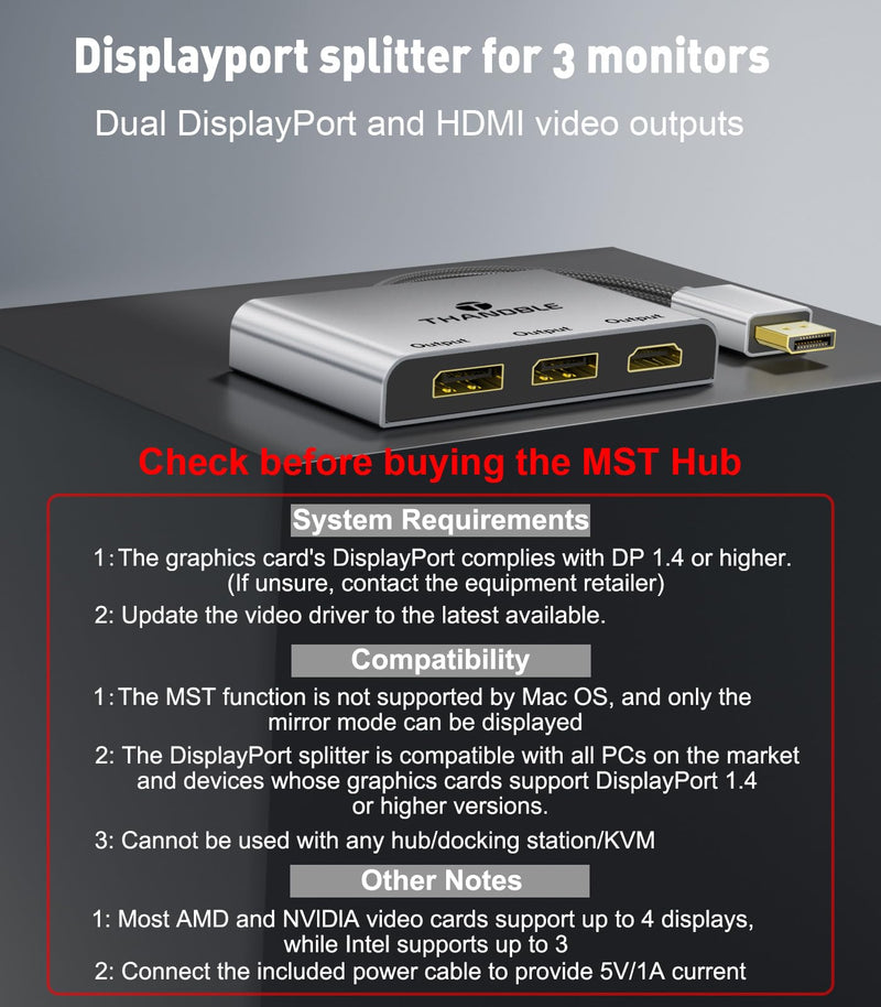 DisplayPort to Dual DisplayPort with HDMI Adapter 4K@60Hz, Extended Display 1 in 3 Out MST Hub for Multiple Monitors Compatible with PC,NVIDIA/AMD Graphics Card DP to 2 DP & 1 HDMI Port