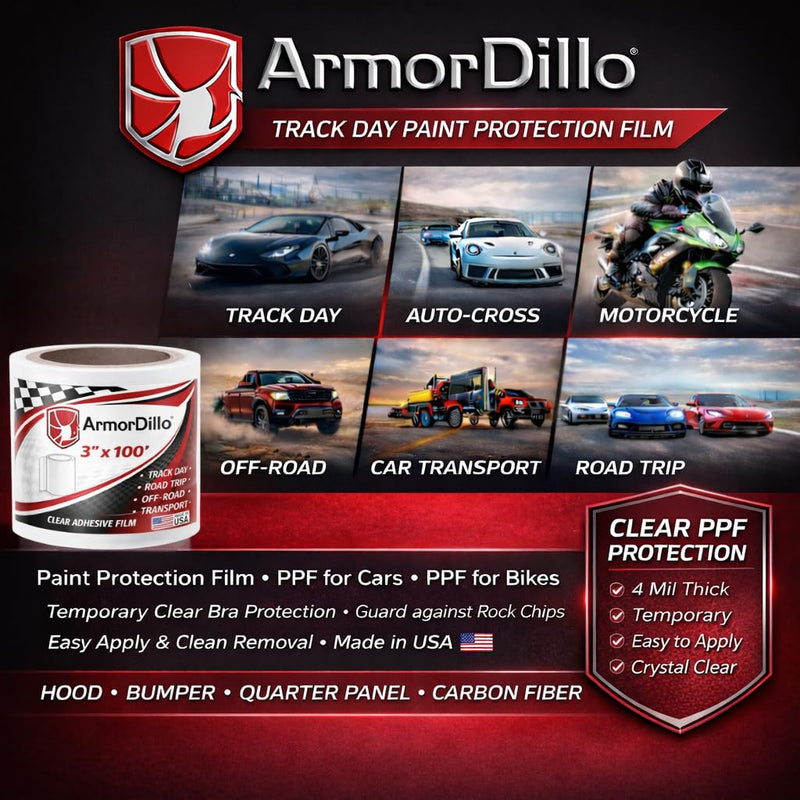 ArmorDillo Temporary Paint Protection Film 3" x 100', Clear Adhesive Car, Bike, Auto Paint Protect Film Tape, Perfect for First-Time Users, Clear PPF, for Track Day, Road Trips, Free Utility Knife