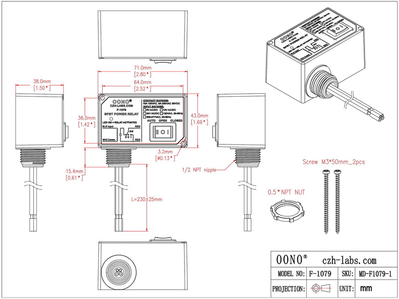 AC120V Power Relay Module SPSP-NO + Override Switch, 10Amp 125VAC, 6A 250VAC/30Vdc, Plastic Enclosure and Pre-Wired AC 120V