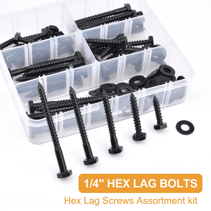 [Australia - AusPower] - 1/4" Hex Lag Bolts Stainless Steel 18-8 (304), VIGRUE 108PCS Black Oxidized, Hex Lag Screws Heavy Duty Wood Screws Washers Assortment kit, Length Include 1" 1-1/2" 2" 2-1/2" 3" 1/4 x 1" to 3" 