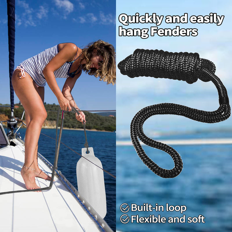 Boat Fender Lines 4 Pack 3/8" x 6FT- Boat Bumper Line Double Braided Nylon Fender Rope with 5" Eyelet Mooring Marine Rope for Boats Line & One End Can Be Spliced with Fenders to Used, Black 4PK-Black
