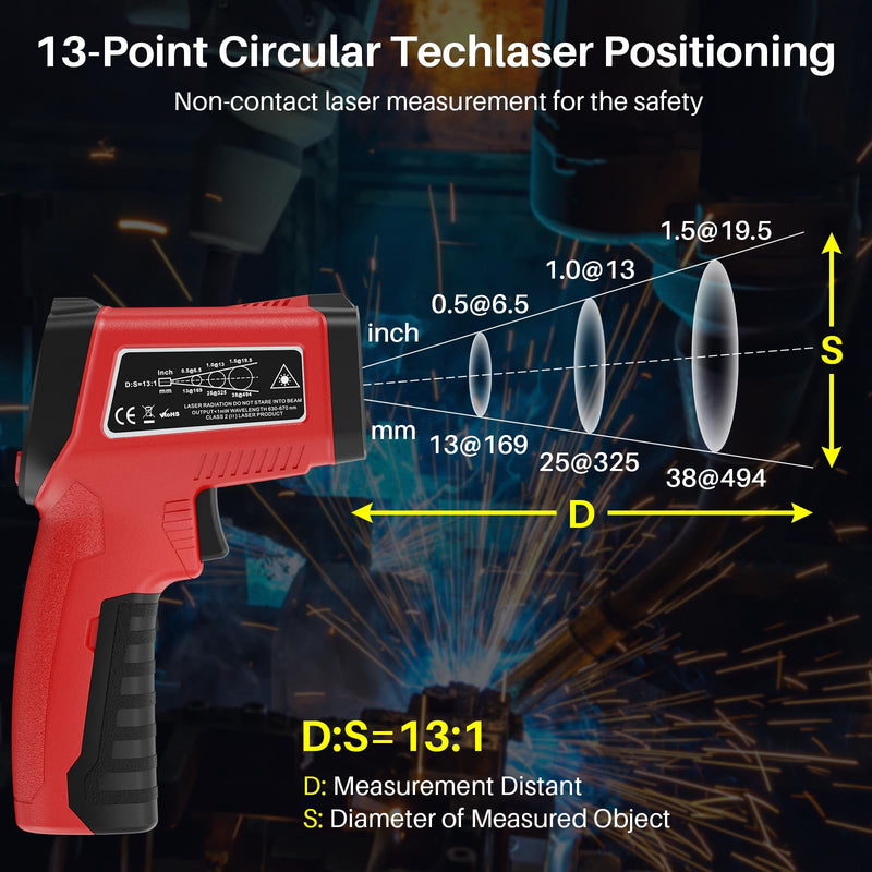 [Australia - AusPower] - Infrared Thermometer Gun, Gedaye Laser Temperature with IR Pointer 13:1, Meat Temp Gun with Metal Probe, Adjustable Emissivity, -58℉ to 1076℉, Heat Thermometer for Cooking Pizza Oven Grill Fridge BBQ Red 