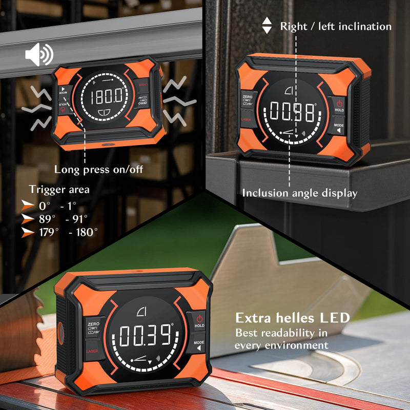Rechargeable Digital Angle Finder with Laser and Magnetic Base, 4×90° & 2×180° Electronic Inclinometer Protractor Level Gauge for for Woodwork, Miter Saw, Hanging Frames Vertical Laser
