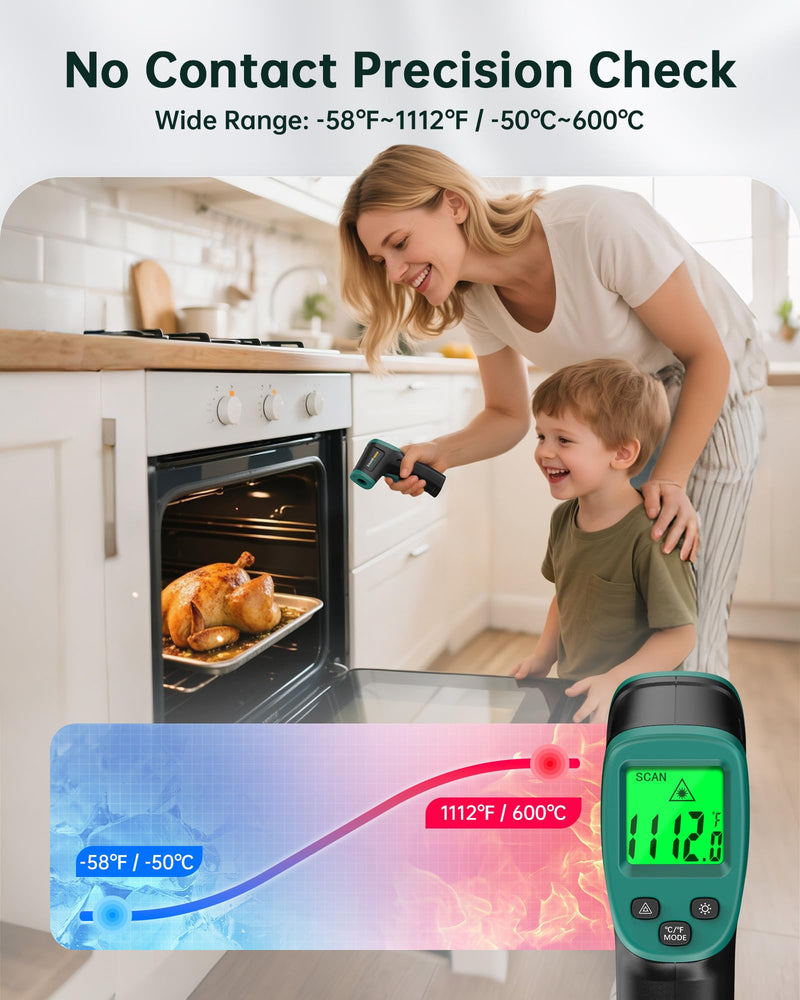 [Australia - AusPower] - ERICKHILL ROOKCORE Infrared Thermometer -50℃~600℃ Adjustable Emissivity Non-Contact Laser Thermometer Gun LCD Backlit Display -Compact Size for Vehicle Repair/Cooking/BBQ/Freezer/Food, Dark Green 