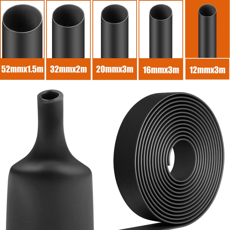 Mbsomnus Heat Shrink Tubing 12mm 4:1 Heat Shrink Tube with Glue (3M) | Waterproof Heat Shrink Tube, Black Heat Shrink Tube, Insulation, Heat Shrink Tube, for Cable Insulation, Repairs Ø12mmx3m