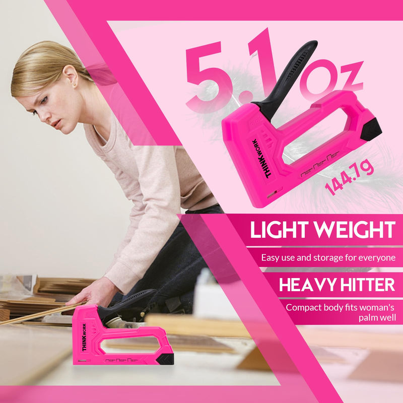 [Australia - AusPower] - THINKWORK Light Duty Staple Gun, Pink Upholstery Staple Gun for Wood with 2100pcs JT21 Staples 1/4", 5/16", 3/8" and Staple Remover, Women Fabric Stapler Gun for Crafts, Wall, Arts, DIY, Decoration 