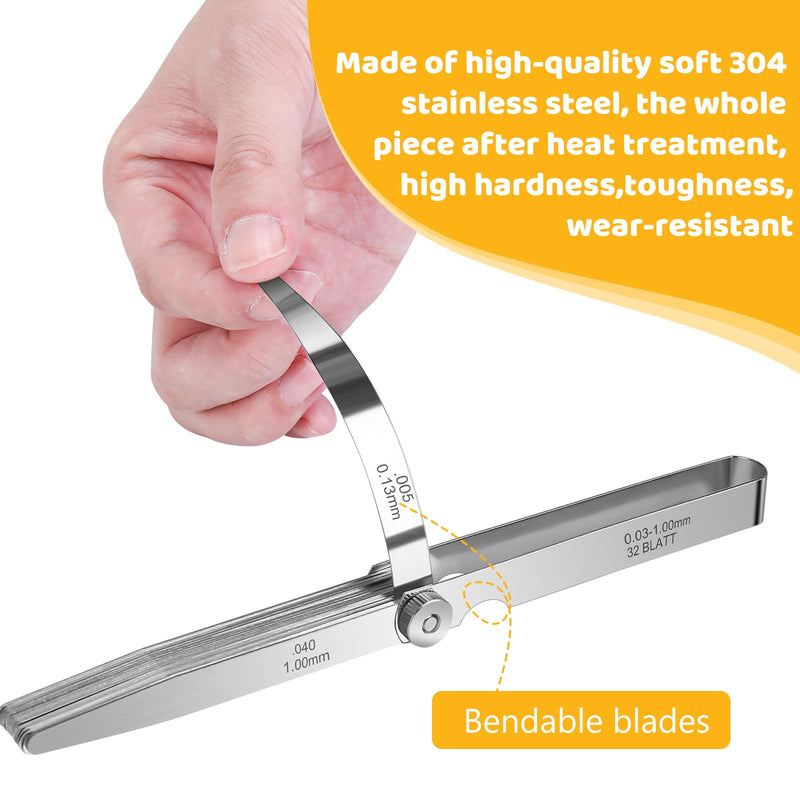 [Australia - AusPower] - 32 Blades Stainless Steel Feeler Gauge, Metric and Imperial Gap Measuring Tool Width and Thickness Feeler Gage Gauge for Spark Plug, Valve Adjustment Tool, 0.03-1mm (0.001-0.040 Inch) 0.001-0.040 Inch 