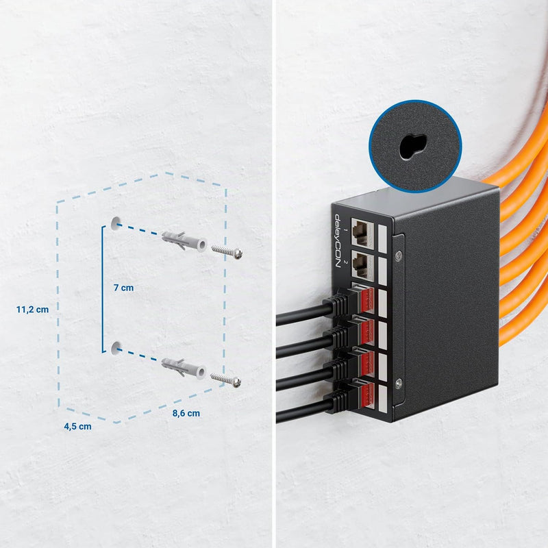 deleyCON 6 Port Patch Panel Housing 1 U 14.9 x 17 mm Keystone - Black | For keystone modules, RJ45, coax, BNC, F-connector, antenna, RJ-11, cinch, jack, USB, Toslink, PS2, HDMI 6 Port Gehäuse