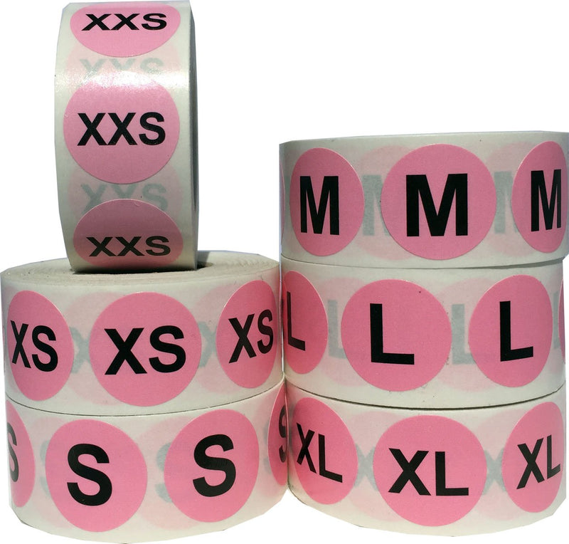 Pink Round Bulk Pack XXS Through XL Clothing Size Stickers for Girl's/Women's T -Shirts and Folded Retail Apparel - 3,000 Total Size Labels W/Apparel Safe Adhesive