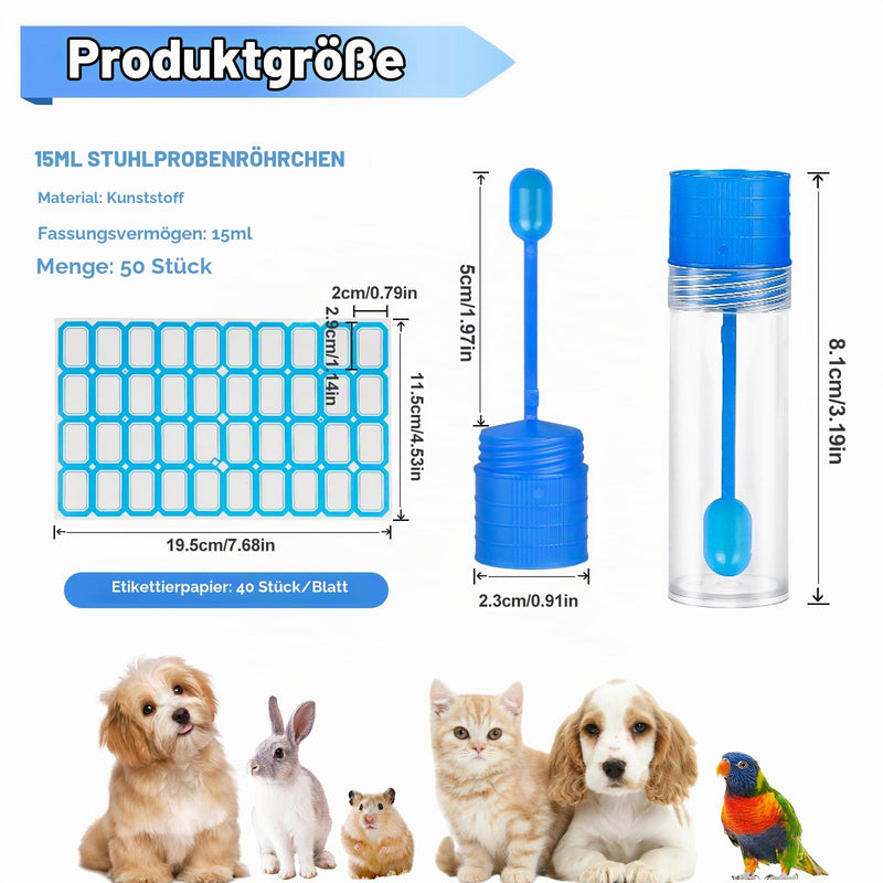 Pack of 50 Chair Sample Tubes, 15 ml, with Spoon and Label Stickers | Cats and dogs waste sample tube, good sealing, 8.1 x 2.3 cm, dog chair sample tube for pets for testing 50 Items