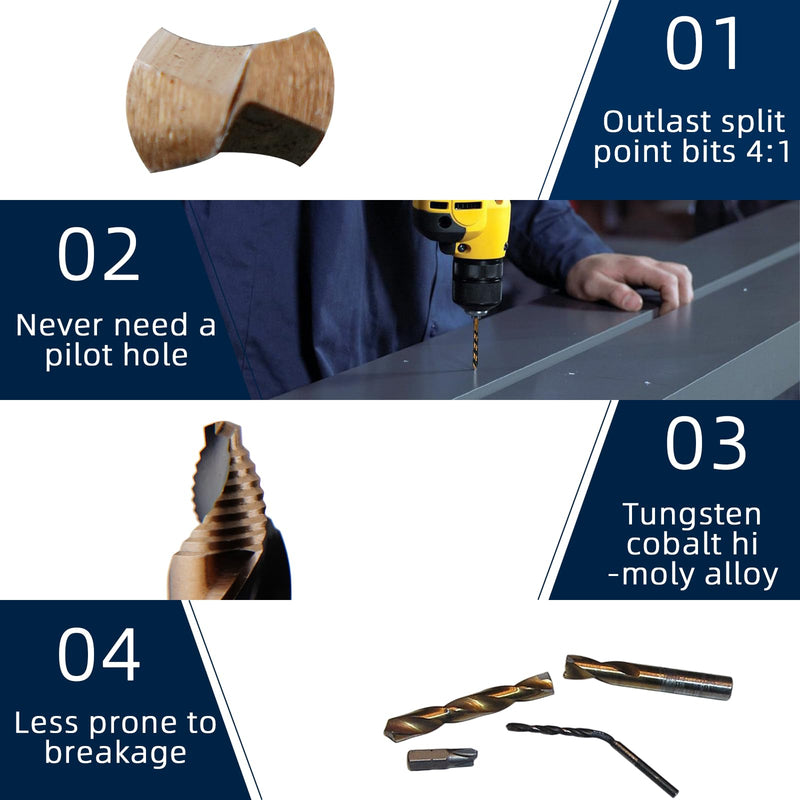 Steel Vision Hyper-Step HSS Cobalt, No Pilot Hole Needed, (1/8"" - 1/2") 13 pc TurboStep HSS Mechanics Stubby Drill Bit Set, Industrial-Grade, Metal Drilling for Stainless/Hardened Steel