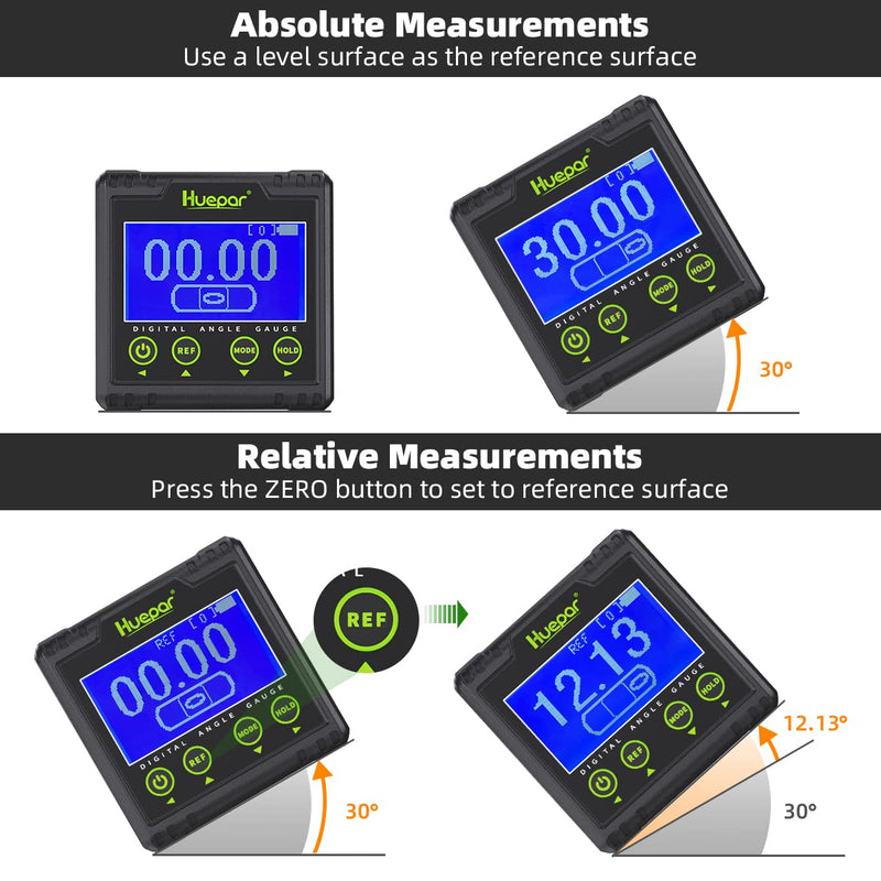 Huepar Digital Protractor, Electric Level Dual Axis Meter 0.01° Resolution V-Groove Magnetic Base & LCD Inclinometer with Acoustic Alarm 0~360°AG03