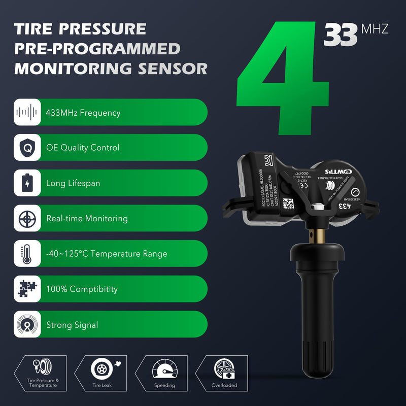 [Australia - AusPower] - TPMS Sensor Dodge,4Pack 433Mhz Tire Pressure Monitoring System Sensor Compatible for Chrysler Jeep Dodge Fiat Replaces#68313387AB 68193586AC 68252493AB 4 