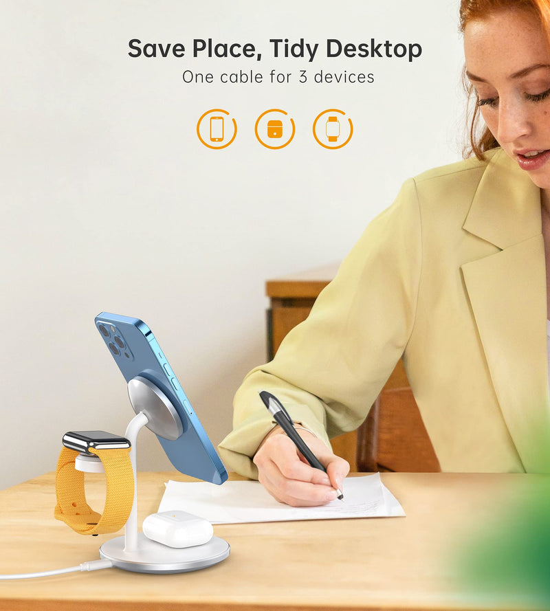[Australia - AusPower] - 3 in 1 Wireless Charging Station for Multiple Devices, 15W Fast Wireless Mag-Safe Charger Stand for iPhone 14 13 12 Pro Max/Plus/Pro/Mini, Mag Charger for iWatch Ultra/8/7/SE/6/5/4/3/2, AirPods White 