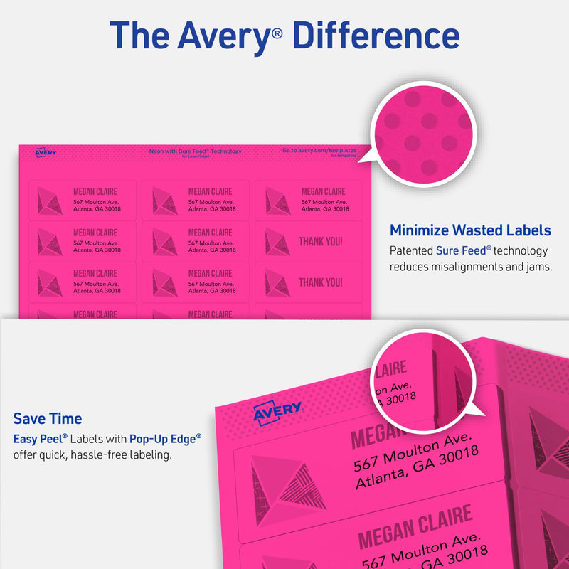 Avery Printable Labels, Sure Feed Technology, 1" x 2-5/8", Assorted Neon Colors (Green, Magenta, and Yellow), Removable Adhesive, Laser & Inkjet Compatible, 360 Blank Labels Total (6479) 1"H x 2 5/8"W
