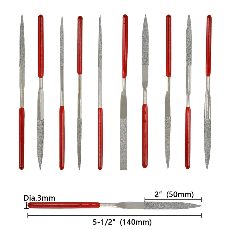 [Australia - AusPower] - Litoexpe 10-Piece Mini Needle File Set, Multipurpose Small Diamond File Kit for Metal, Crafts, Wood, Plastic Sanding, 3x140mm 