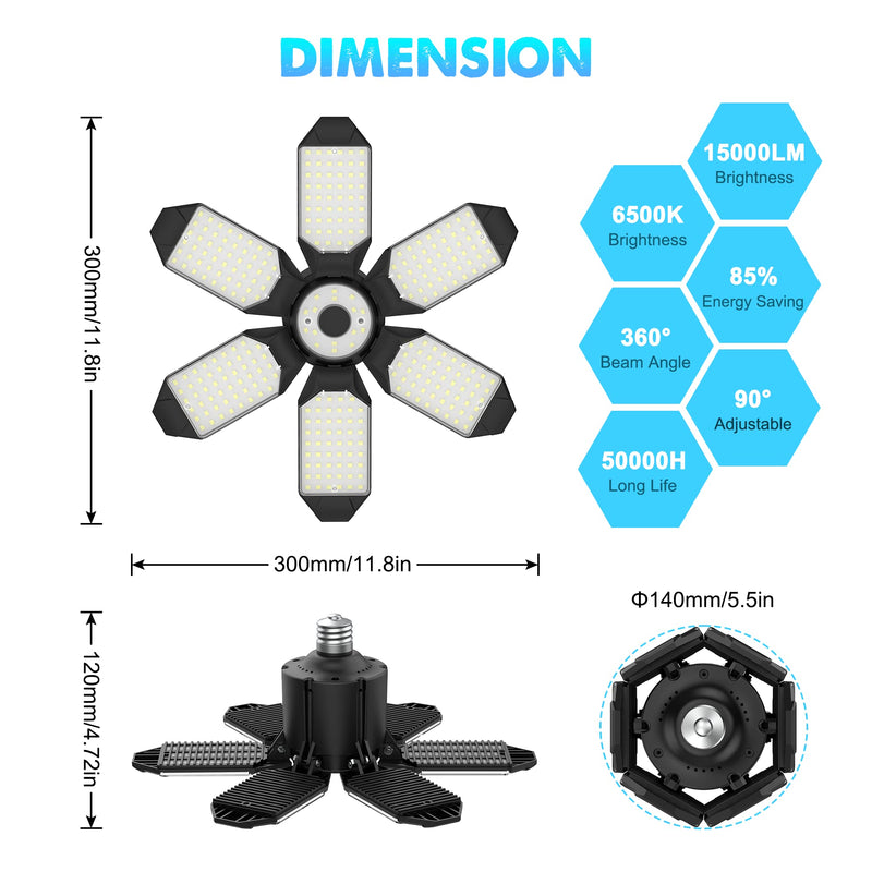 [Australia - AusPower] - LED Garage Light Bulb, 150W 15000LM Deformable LED Garage Ceiling Light with 6 Adjustable Panels, E26/E27 Screw-in Bulb Base LED Shop Light, 6000k Daylight Lighting for Garage, Basement, Barn 150W-1Pack 
