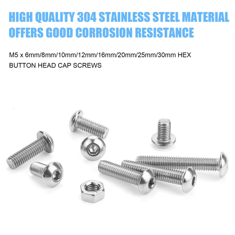 [Australia - AusPower] - DYWISHKEY 195 Pieces M5 x 6mm/8mm/10mm /12mm/16mm/20mm/25mm/30mm Stainless Steel 304 Hex Button Head Cap Bolts and Nuts Kit 