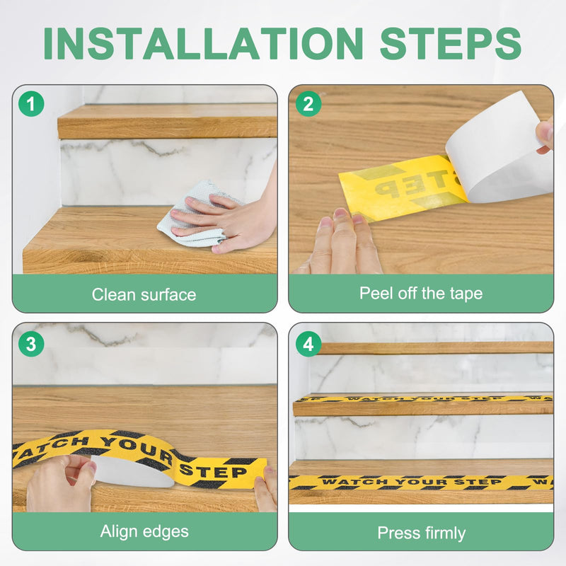 M METERXITY 1 Pcs WATCH YOUR STEP Floor Decals Stickers 2 x 197 Inch Watch Your Step Sign Warning Sticker Self-Adhesive Anti Slip Abrasive Tape for Indoor/Outdoor Stairs Step[Yellow Black]