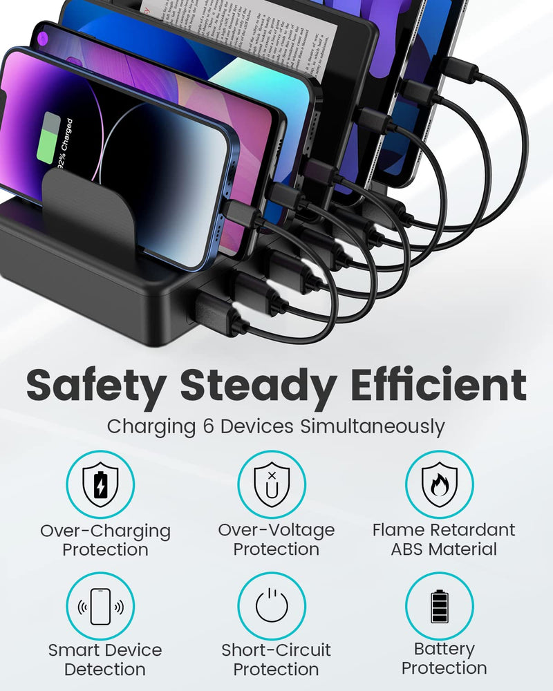 [Australia - AusPower] - CREATIVE DESIGN Charging Station, 50W 6 Ports Multi Charger Station with 6 Charging Cables, USB Charging Dock for Multiple Devices, Compatible with Cellphone iPad Kindle Tablet and Other Electronic Black 
