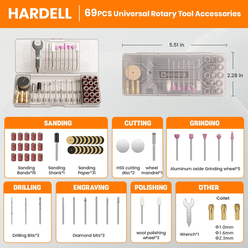 HARDELL Rotary Tool, 4V Mini Cordless Rotary tool Kit con 5 Speed Display, Rechargeable Rotary tool Set with 69 Accessories for Sanding, Grinding, Engraving, Polishing, Drilling, Cutting, DIY Crafting Orange Gift