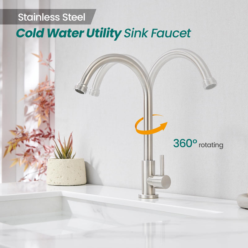 Cold Water Faucet Only – Brushed Nickel Stainless Steel Single Hole Faucets High Arc Utility Sink Faucet for Laundry, Outdoor, 3/4'' Thread End Garden Hose Adapter