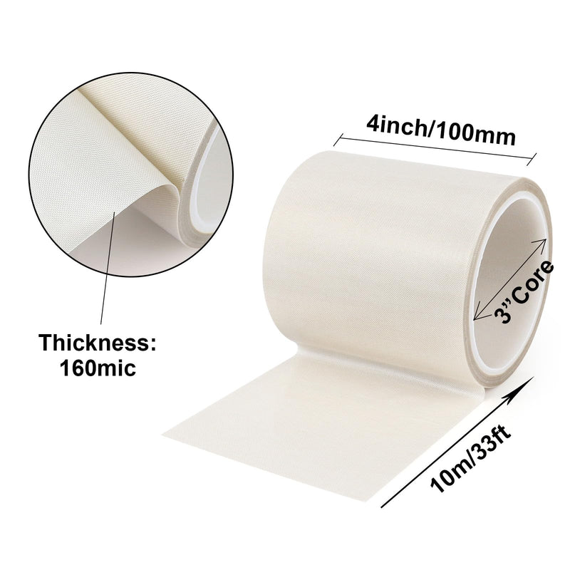 BOMEI PACK White PTFE Teflonn Glass Cloth Tape, 4inch x 33ft High Temperature Tape Fiberglass Adhesive, Heat Resistant for Fabric,High-Speed Sealing Machine,Vacuum Sealer Machine,1 Pack