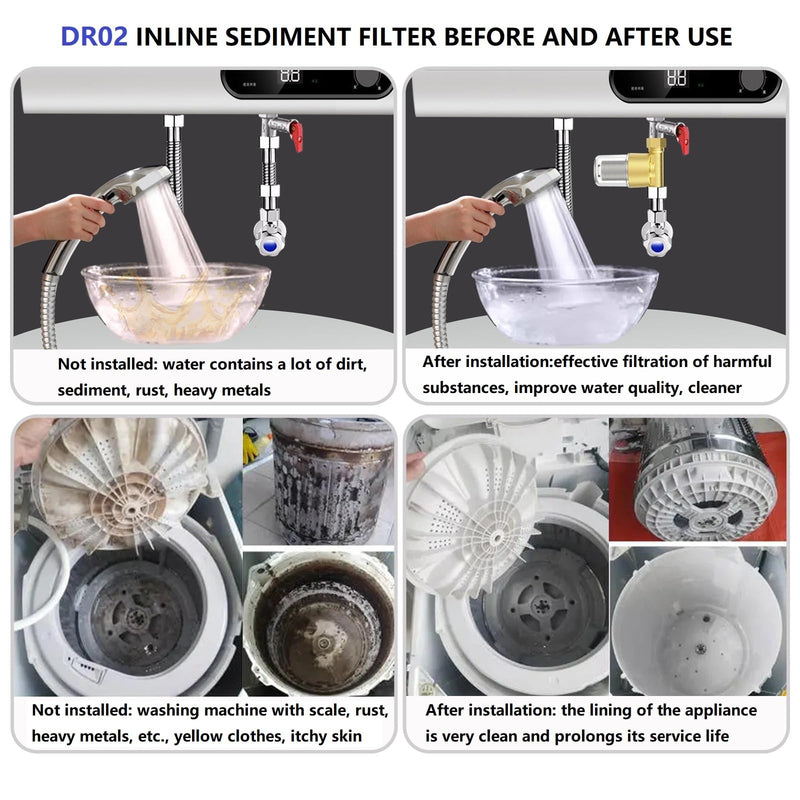 DR02 Reusable Brass Sediment Filter, 40 Micron Washer Water Filter, For Washing Machine, Heater, Faucet, RV, Protecting Appliances, Reduces Clothes Yellowing, Anti Scale Shower Filter