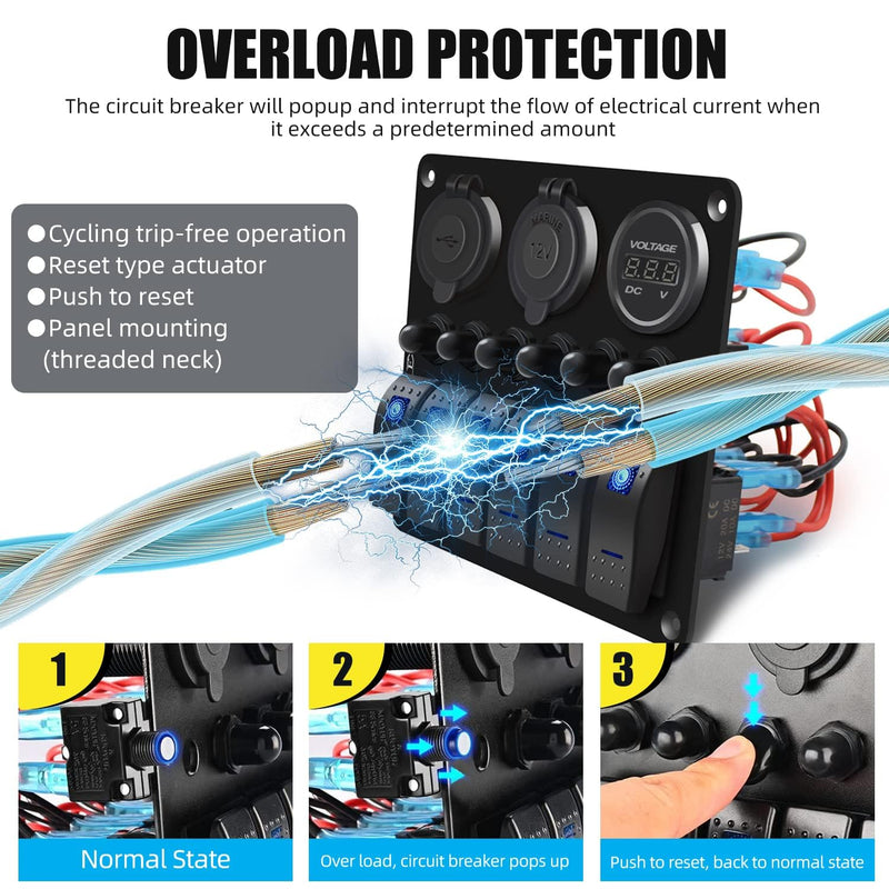 FXC Waterproof Marine Boat Rocker Switch Panel 5 Gang with QC3.0 USB & Type-C Slot Socket + Cigarette Lighter +LED Voltmeter with Overload Protection for Car Rv Vehicles Truck (5 Gang Green LED)
