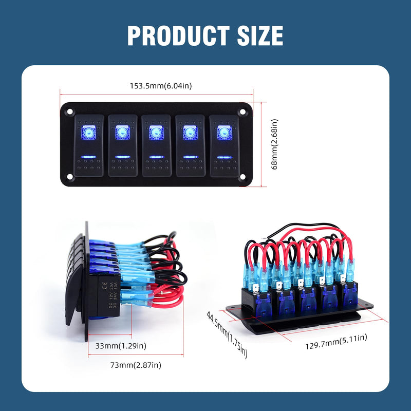 5 Gang Rocker Switch Panel Waterproof Pre-Wired Blue Backlit Toggle ON/Off Switch for Boat Marine Automotive RV Truck Trailer 12-24V Black-F 5 Gang