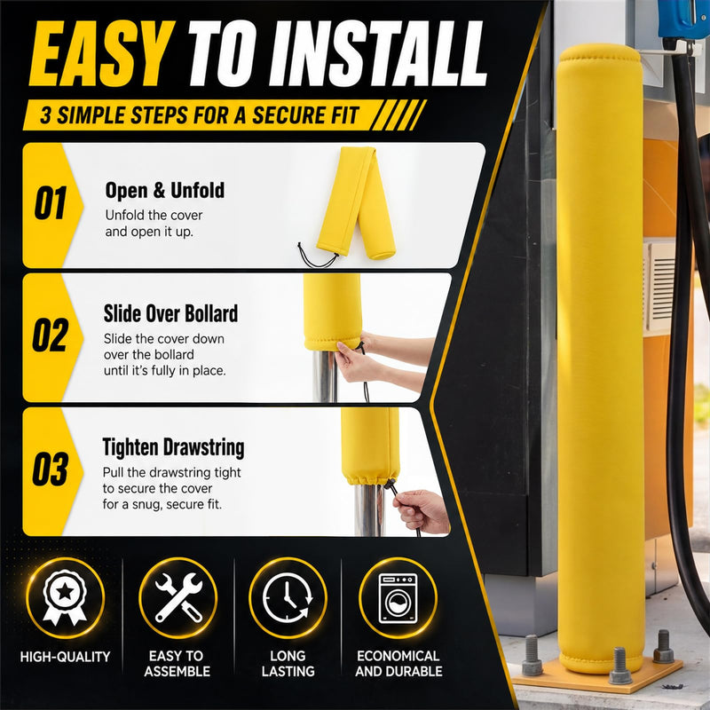 SATINIOR 2 Pack Neoprene Safety Bollard Cover, 0.16" Thick Fits up to 60 x 7 Heavy Duty Flat Top Bollard Post Sleeve with Drawstring, Safety Cover for Parking Lot Garage Warehouse Dock, Yellow 60 x 7 Inch