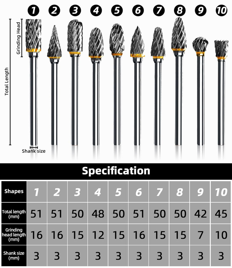 [Australia - AusPower] - Carbide Burr Set for Dremel, 10 Pieces Double Cut Burr with 3 mm Shank Compatible, for Grinding, Carving, Metal Polishing, Engraving, Drilling 