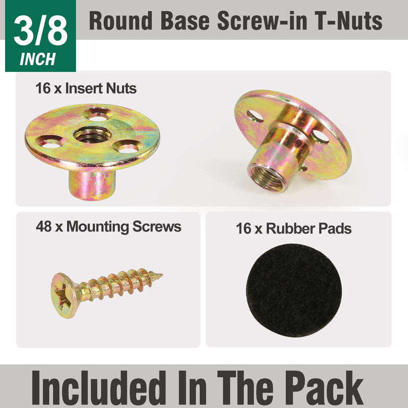 [Australia - AusPower] - 3/8"-16 Brad Hole T-Nut with Screws, Zinc Plated Carbon Steel 3-Hole T-Nuts, Insert Female Thread Mounting Fastener for Wood Furniture and DIY Project - 16 Set (64 Pieces) 3/8"-16 