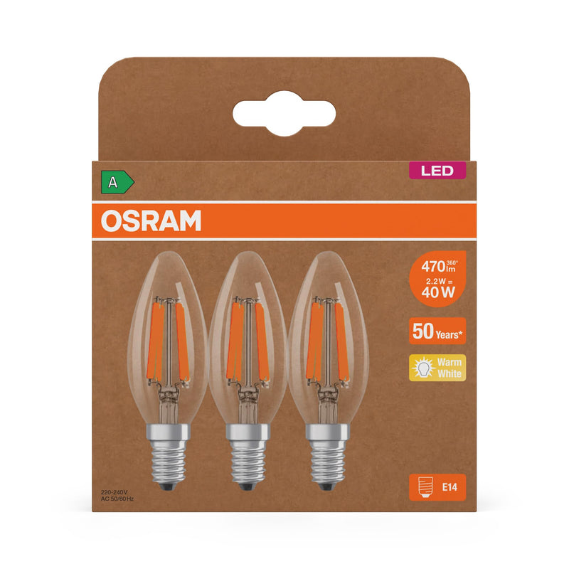 Osram High Efficiency LED Bulbs with Energy Efficiency Class A, Value Pack with 3 Bulbs, Replaces Conventional 40 W Bulbs, Candle Shape, Warm White (2700 K), E14, Filament Glass Clear 3-Pack 40 W warm white