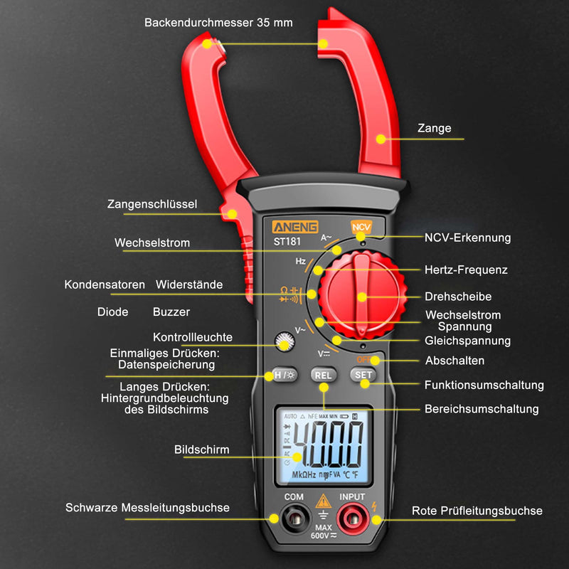 [Australia - AusPower] - Digital Current Clamp AC DC Multimeter: True-RMS 4000 Counts Ammeter with Automatic Range Selection for Measuring AC/DC Voltage Current Resistance Capacity Continuity NCV Detection 