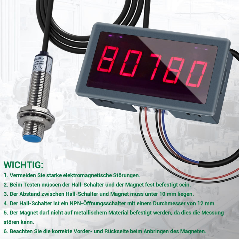 [Australia - AusPower] - 5-Bit Digital LED Tachometer, DC 5V-30V RPM Meter, Motor Speedometer, with Support of Speed/s Mode, Frequency Division and Filter Function, Tachometer with Hall Near Field 