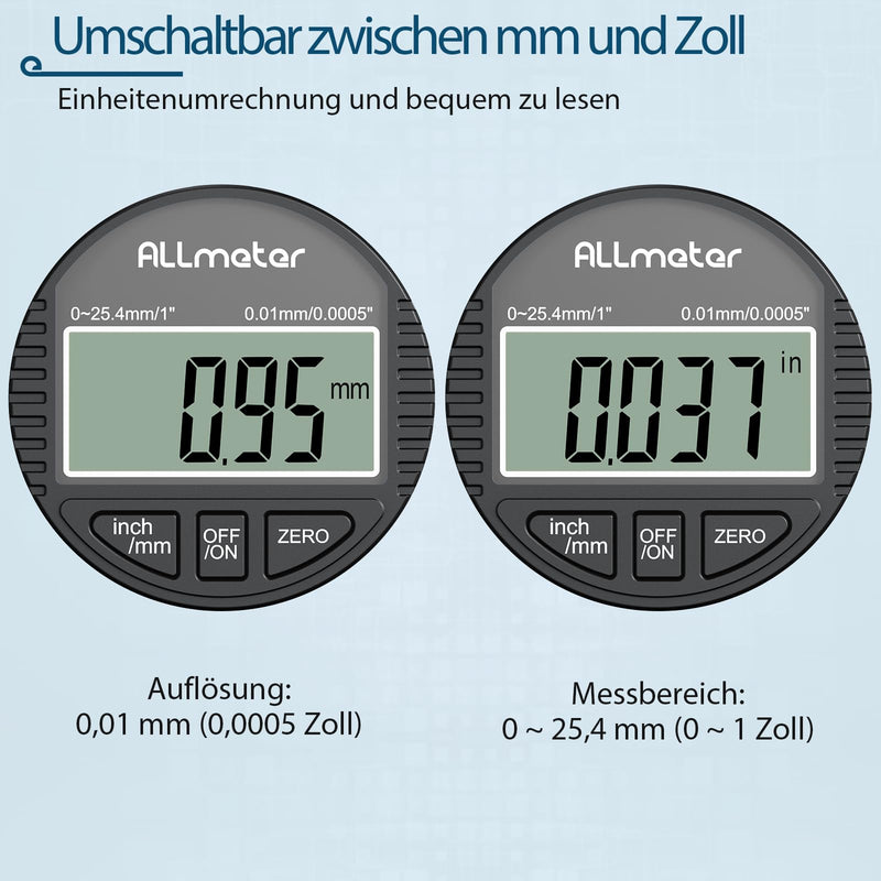 Digital Dial Indicator 0.01 mm / 0.0005 inch, Precise Dial Gauge Digital with LCD Display, Measuring Range 0-25.4 mm (1 inch), Switchable Between mm/Inch, Ideal for Mechanical Engineering, 3D Printer Dial Indicator, Black 25,4mm / 0,01mm