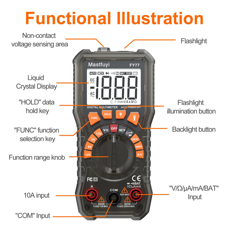 [Australia - AusPower] - Digital Multimeter, Portable Multimeter Tester, 2000-Count Voltmeter/Ohmmeter with Auto-Range Function; Accurate Measurement of Voltage, Current, Resistance, Diodes, Continuity, Capacitance [ FY77 ] 