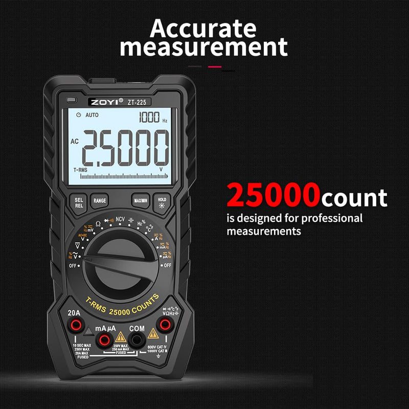 [Australia - AusPower] - ZOYI ZT-225 Digital Multimeter True RMS 25000 Counts Auto-Ranging Anti-Burn Measures Voltage Resistance Capacitance Temperature for Electricians Hobbyists Students Home Use 