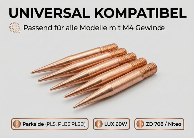 Soldering Tips Set 5 Pieces - 99.99% Pure Copper - M4 Screw Thread - Precise Shape - No Coating - Compatible with Parkside, LUX, ZD, Niteo - Extra Durable