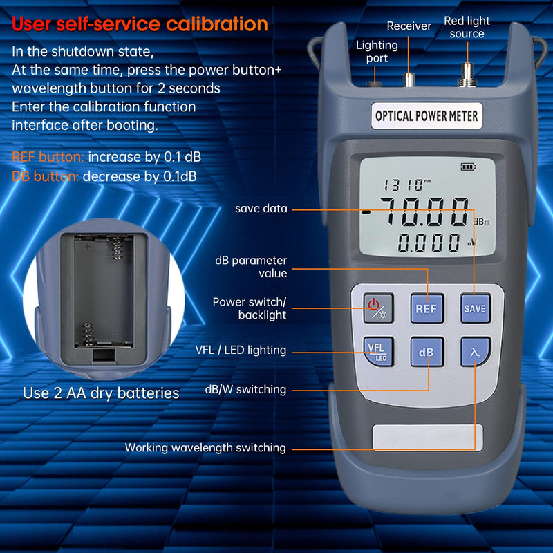 [Australia - AusPower] - Fiber Optical Power Meter with 10Km Light Source SC FC Connector, -70~10dBm, 10 Optic Wave Length, Optic Test Equipment for CCTV Communication Engineering 
