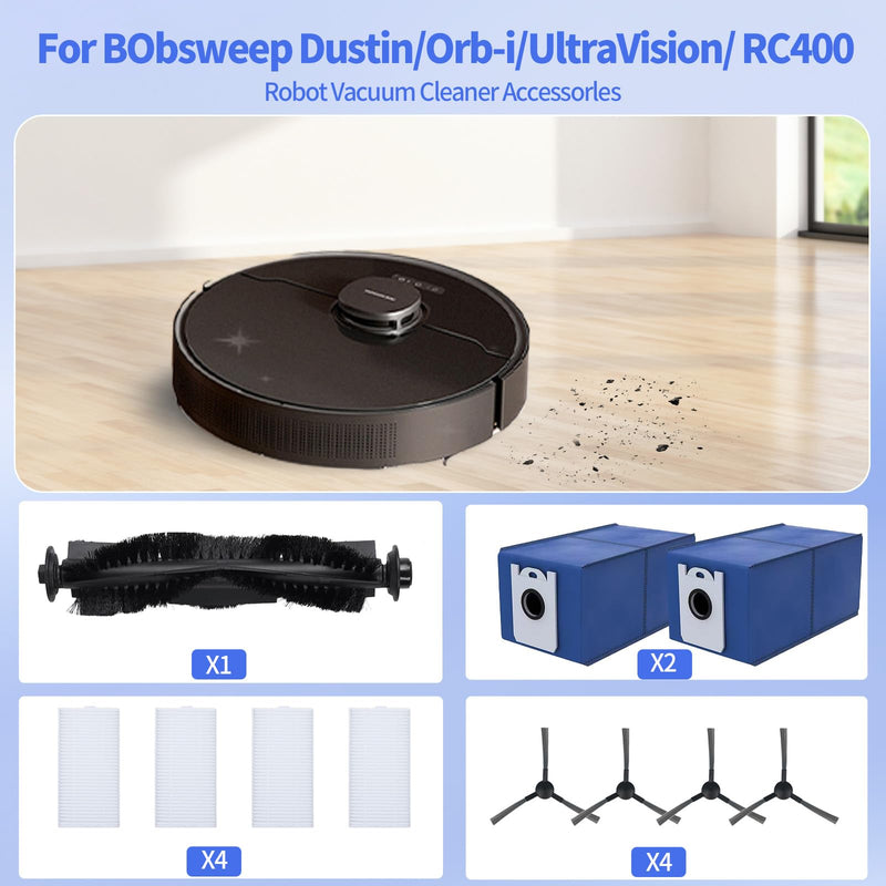 11 Pack Robotic Vacuum Cleaner Replacement Parts Set, for bObsweep Dustin/Orb-i/UltraVision/ RC400 Robot Vacuums Cleaner,Include 1 Main Brush,4 Side Brushes,4 Hepa Filters,2 Dust Bags