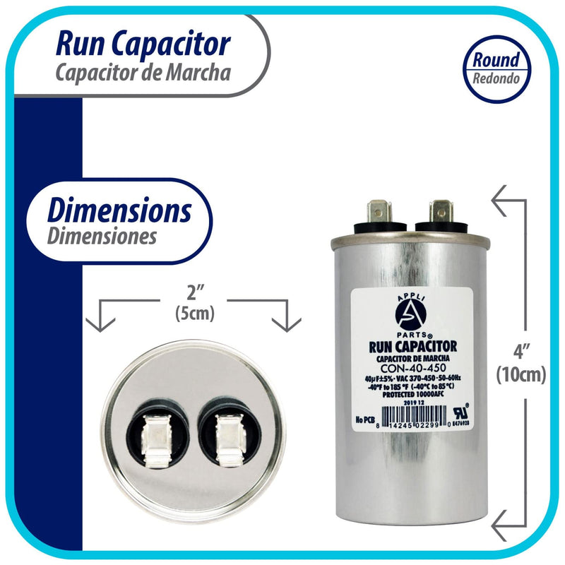 [Australia - AusPower] - Appli Parts Run Capacitor for ac 40 Mfd uF (microfarads) 370 VAC or 450 VAC CBB65 Round Universal fit for hvac and other applications 4 in High 2 in Wide CON-40-450 